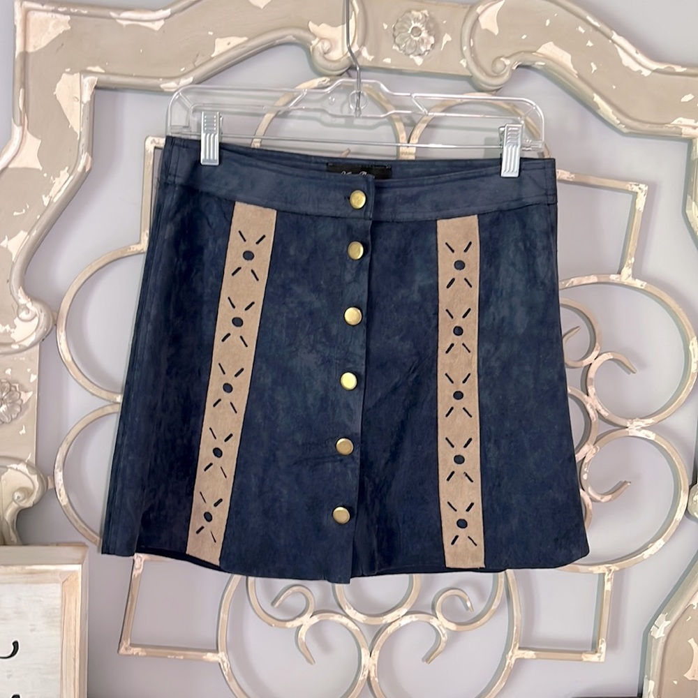 Western Faux Suede A Line Skirt Navy Blue Cowboy Anna Grace Womens Small Mini - Picture 7 of 9